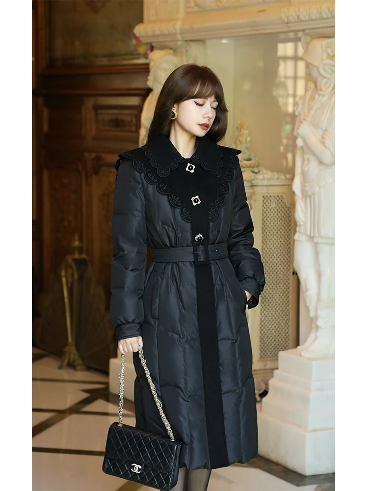 

Double-Sided Woolen Patchwork Embroidered Waist-Cinching Collar down Jacket Vintage Style Women's Premium Fashion Coat