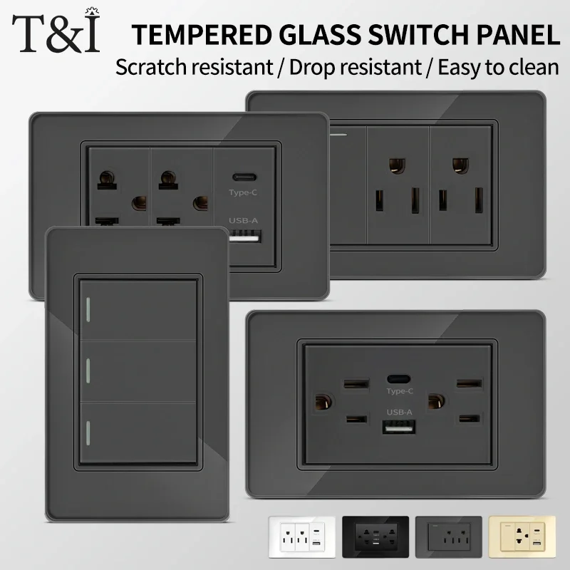 

T&I US Wall OutletType with USB and Type-C, Modern Tempered Glass Switch Socket