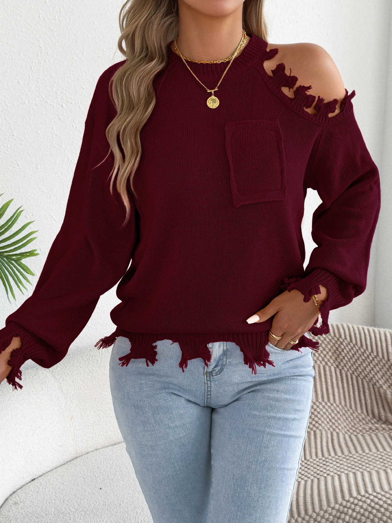 

Women Off Shoulder Furry Trim Mock Pocket Solid Pullover Sweater Long Sleeve Fall Winter Escape Knit Tops