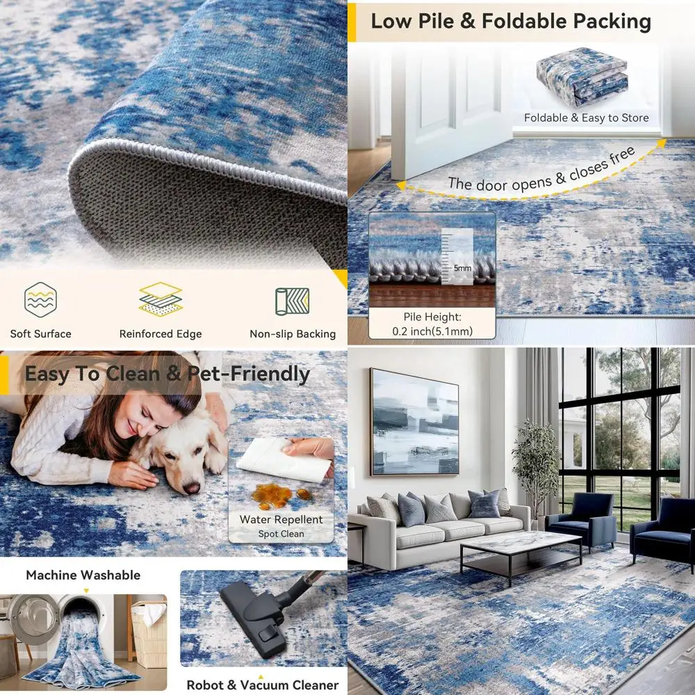 

5x7 Feet Washable Non-Slip Abstract Area Rug, Suitable for Living Room, Entryway, Bedroom, and Nursery, Blue Grey Navy Gray Prin