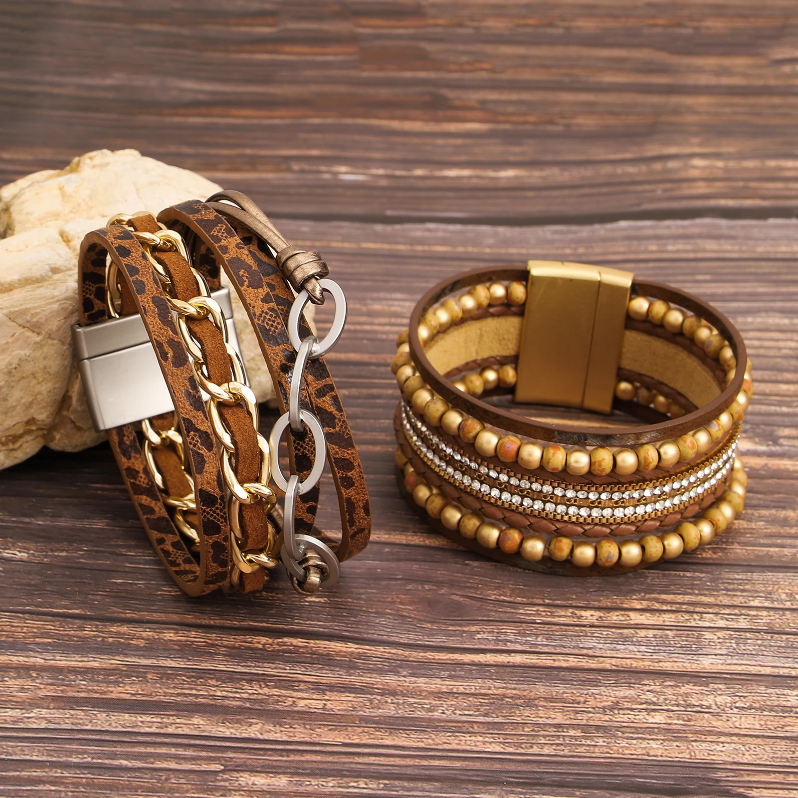 

Amorcome Classic Metal Chain Leopard Print Leather Bracelet for Women Multilayer Wrapped Rice Bead Bracelet Party Jewelry Gift