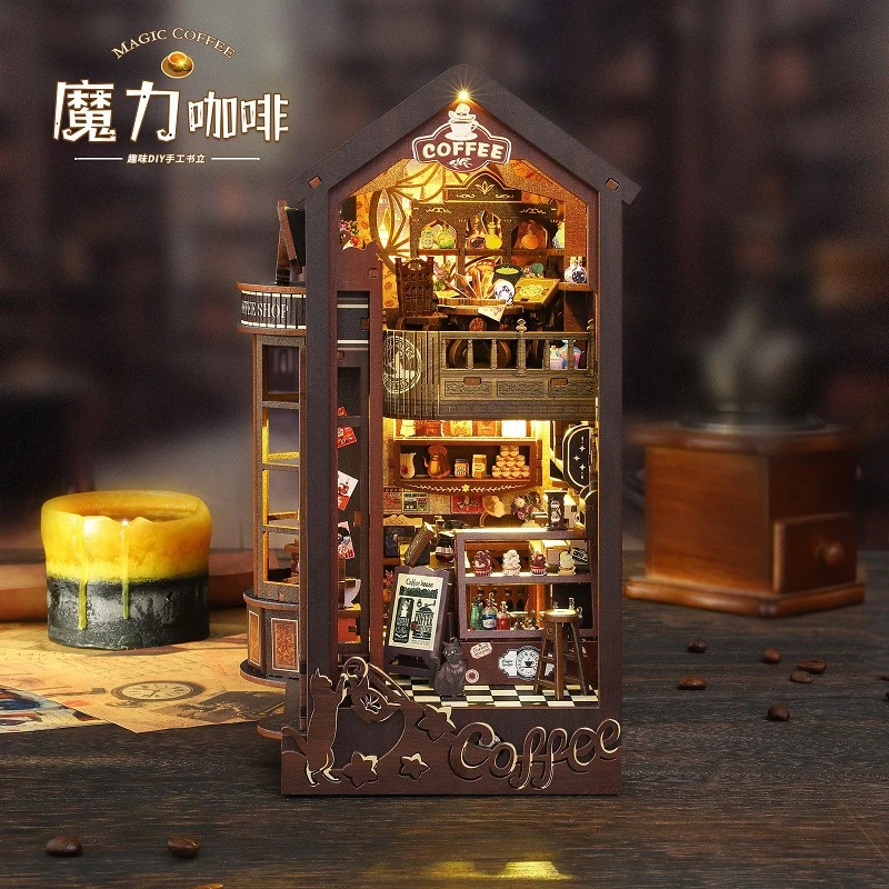 Diy livro nook prateleira inserir kits magia café estante de madeira modelo em miniatura kit artesanal estante para amigo presente aniversário