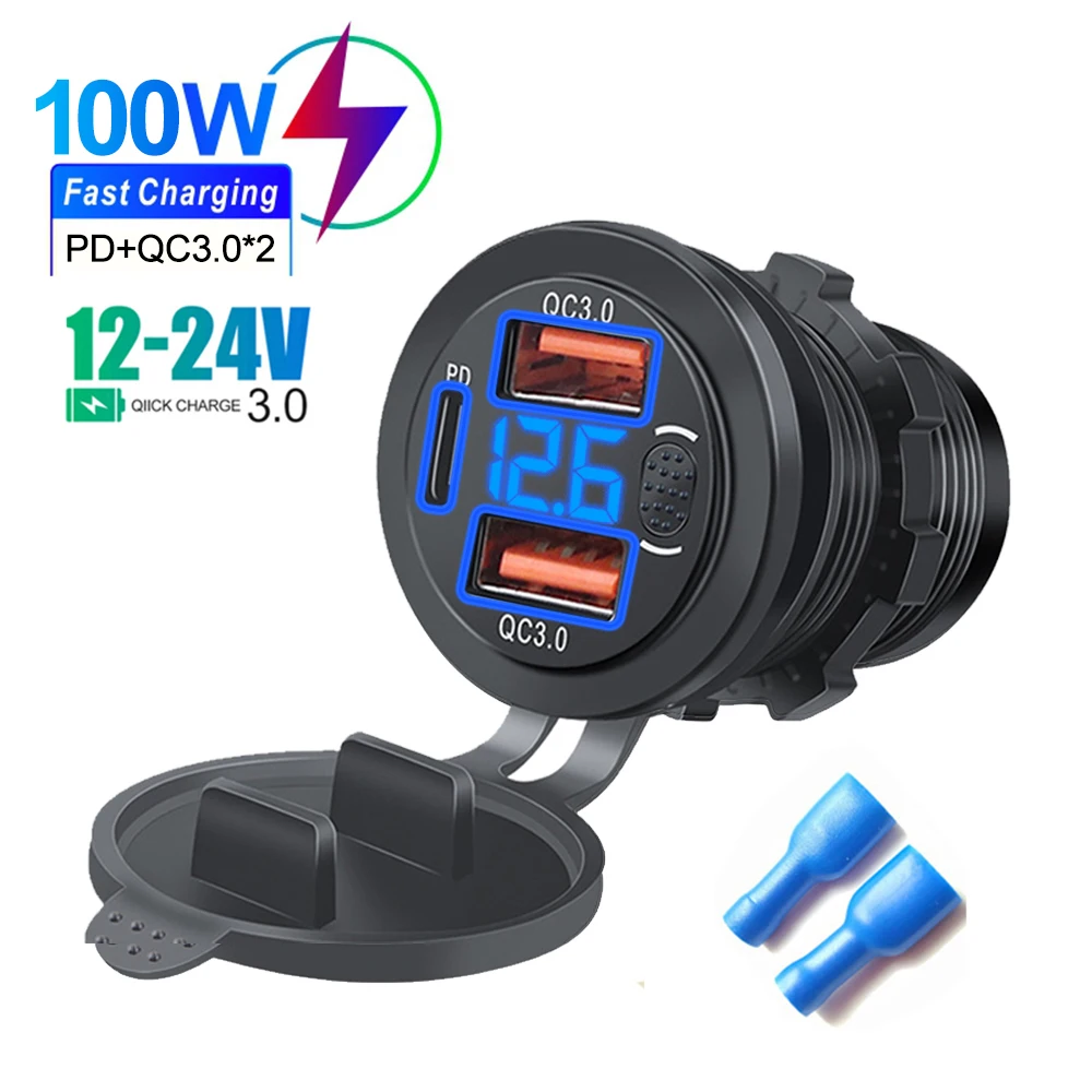 Drie Poorten Autolader PD Dual QC3.0 USB Lader Socket met Met Digitale Voltmeter Knop Schakelaar 12 V/24 V voor Motor Auto
