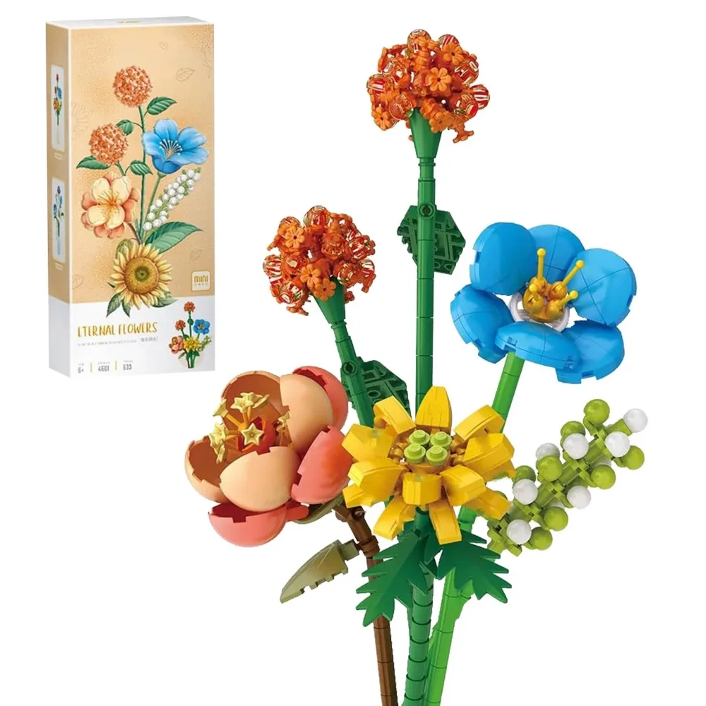 Kit de construção de flores para adultos, conjunto de blocos de construção de flores de 633 peças, mini tijolo de construção de flores artificiais para coleção botânica