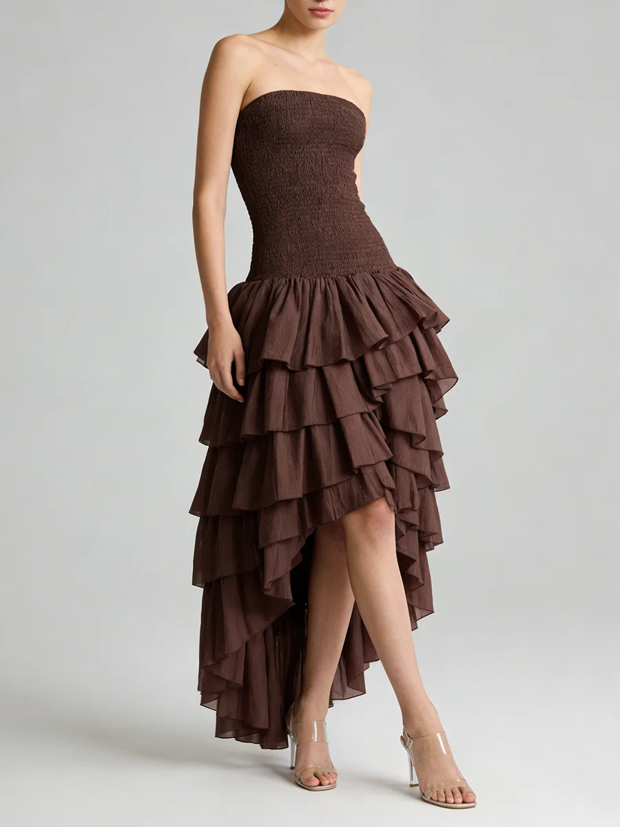 TWOTWINSTYLE Solid Irrgular Elegant Dresses for Women Strapless Sleeveless High Waist Slimming Split Long Dress Female Fashion