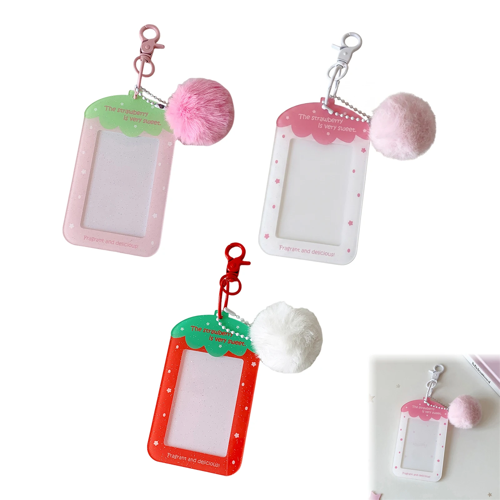 Cute Simple Protective Card Holder With Keychain Korean Acrylic Strawberry Id Card Photo Postcard Holder Storage Case