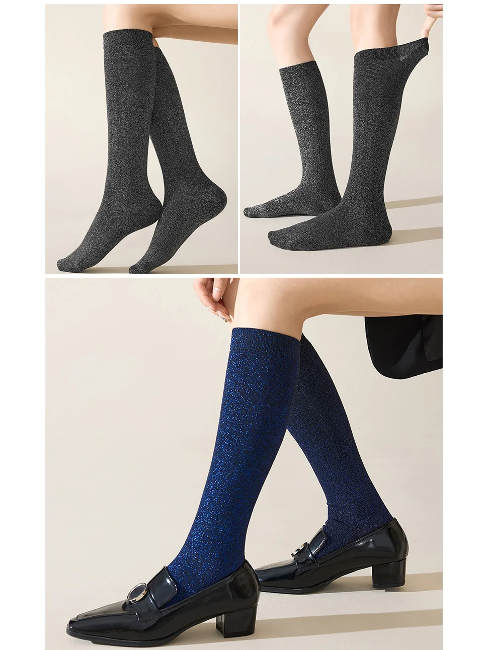 Damen- und Mädchenstrümpfe mit Gold- und Silberfaden, Funkelnde Casual Kniestrümpfe, Lange Wadensocken, Studenten-Crew-Socken, Modische Strümpfe – Detail 5