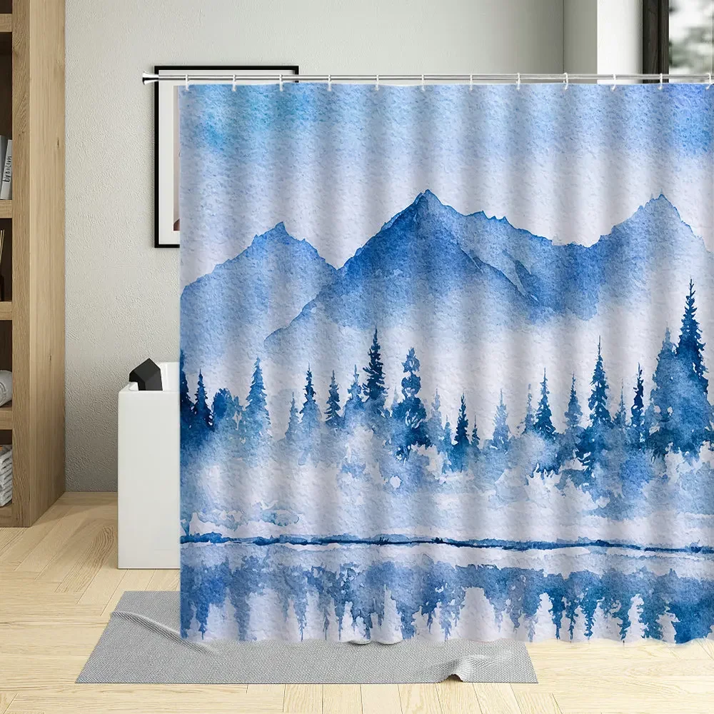 Chinese Style Shower Curtain Watercolors Mountain Water Scenery  Autumn Landscape Illustration Art  Bathroom Bathtub Waterproof