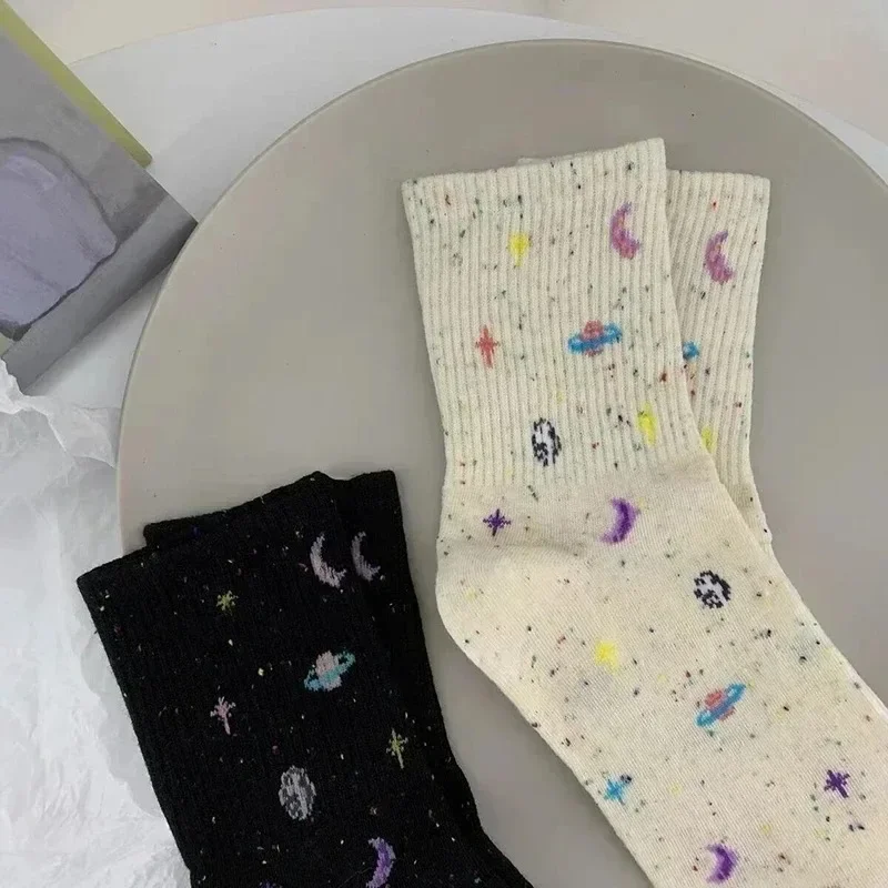 Kawaii Moon Stars Socks for Women Girls Harajuku Planet Space Pattern Tube Long Sock Cute Colorful Sweet Casual Streetwear Socks