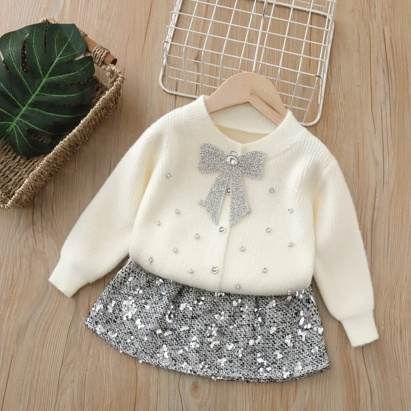 LILIGIRL Children's Sets Elegant Girls Knit Set, Sequin Cardigan and Skirt with Bow, Korean Style 2-Piece Outfit for Toddlers