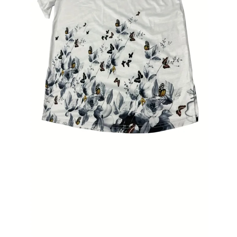 Plus size 1xl-5xl todas as estações feminino solto ajuste manga curta com decote em v camiseta senhoras 3d impressão digital floral retalhos casual topos