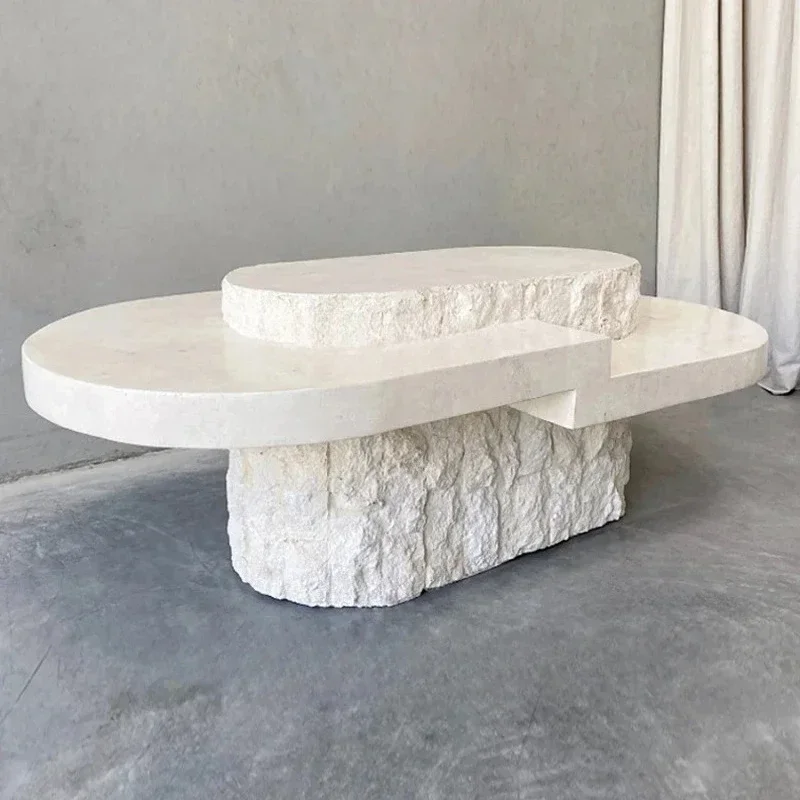 

Скандинавский кофейный стол из натурального мрамора, столик для чая из травертина в стиле ваби-саби, овальный, креативный, художественный кофейный столик.
