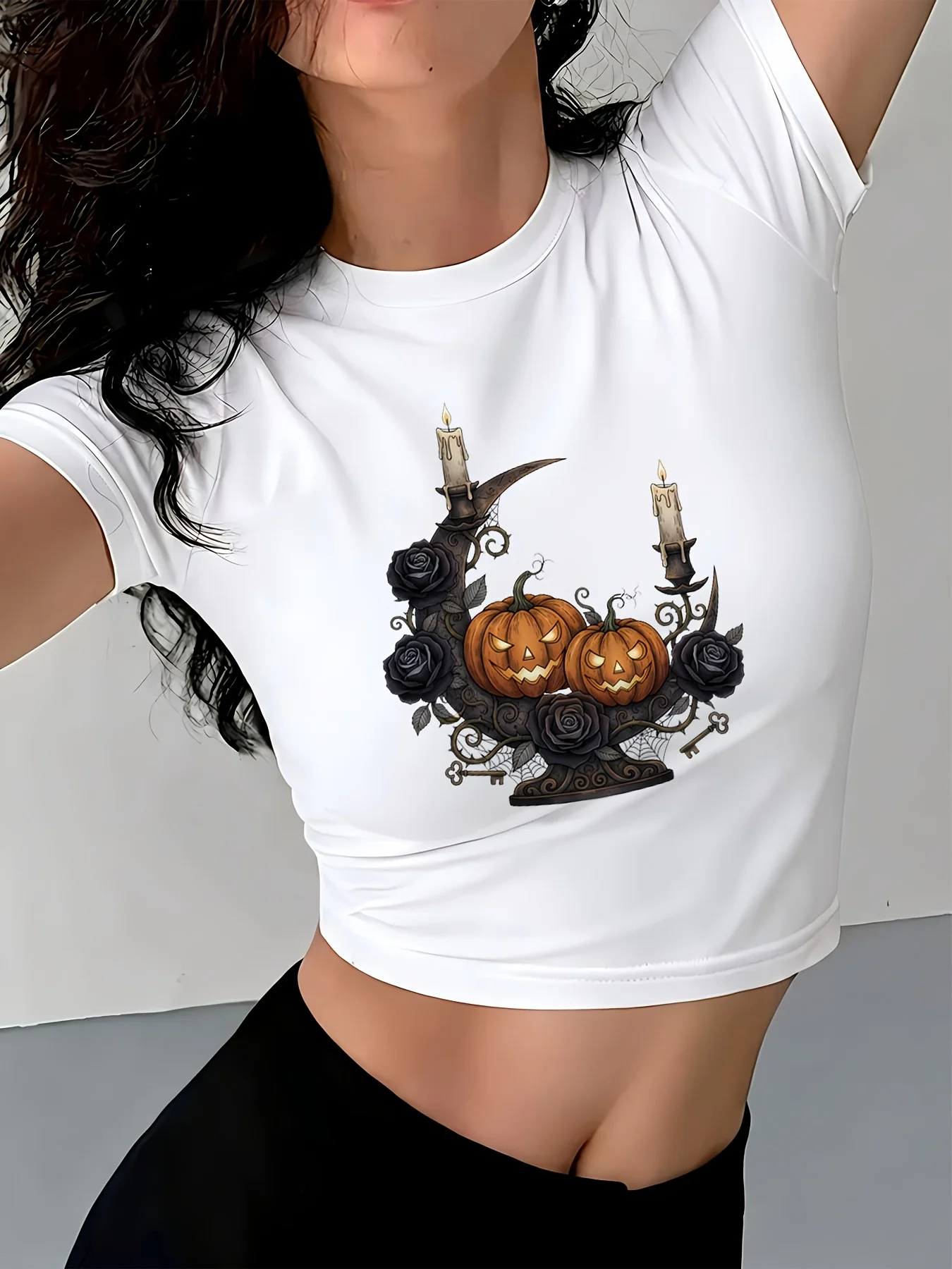 Women's Gothic Jack-O'-Lantern Print Crop Top for Halloween Party Gift Sexy Crew Neck Short Sleeve Cropped T Shirt Clothes Femme
