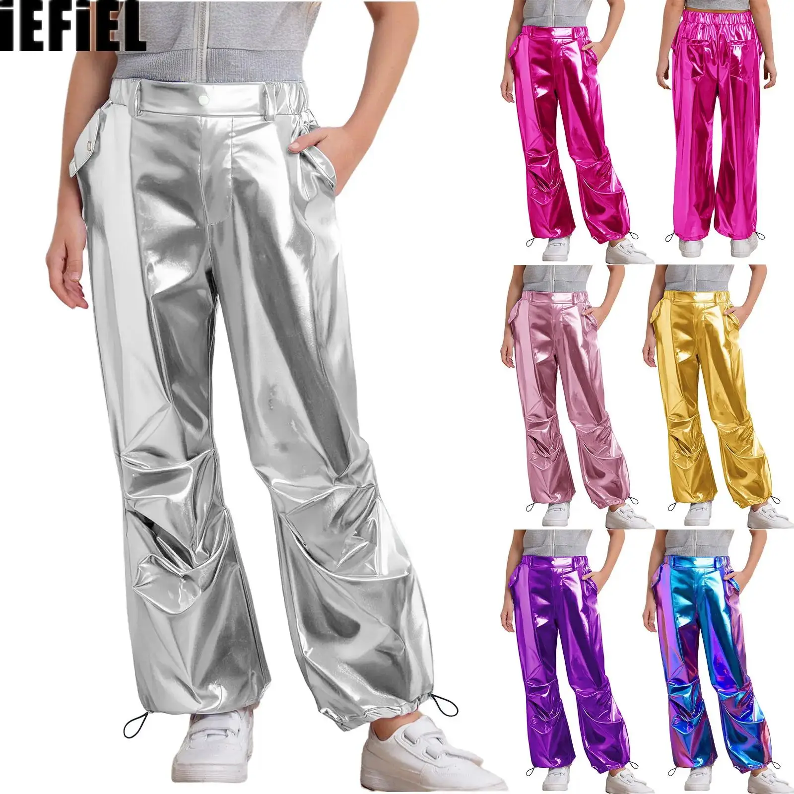 سراويل رقص الهيب هوب لموسيقى الجاز للأطفال البنات برباط معدني وفتحة الساق مع جيوب لأداء المسرح #1