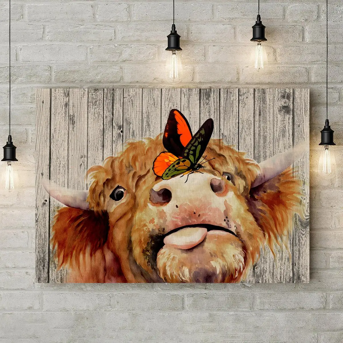 Cute Highland Cow Print Decor, Kawaii Rustic Farmhouse Wall Decor, Retro Cow With Butterfly Pictures Wall Art, Abstract Animal C
