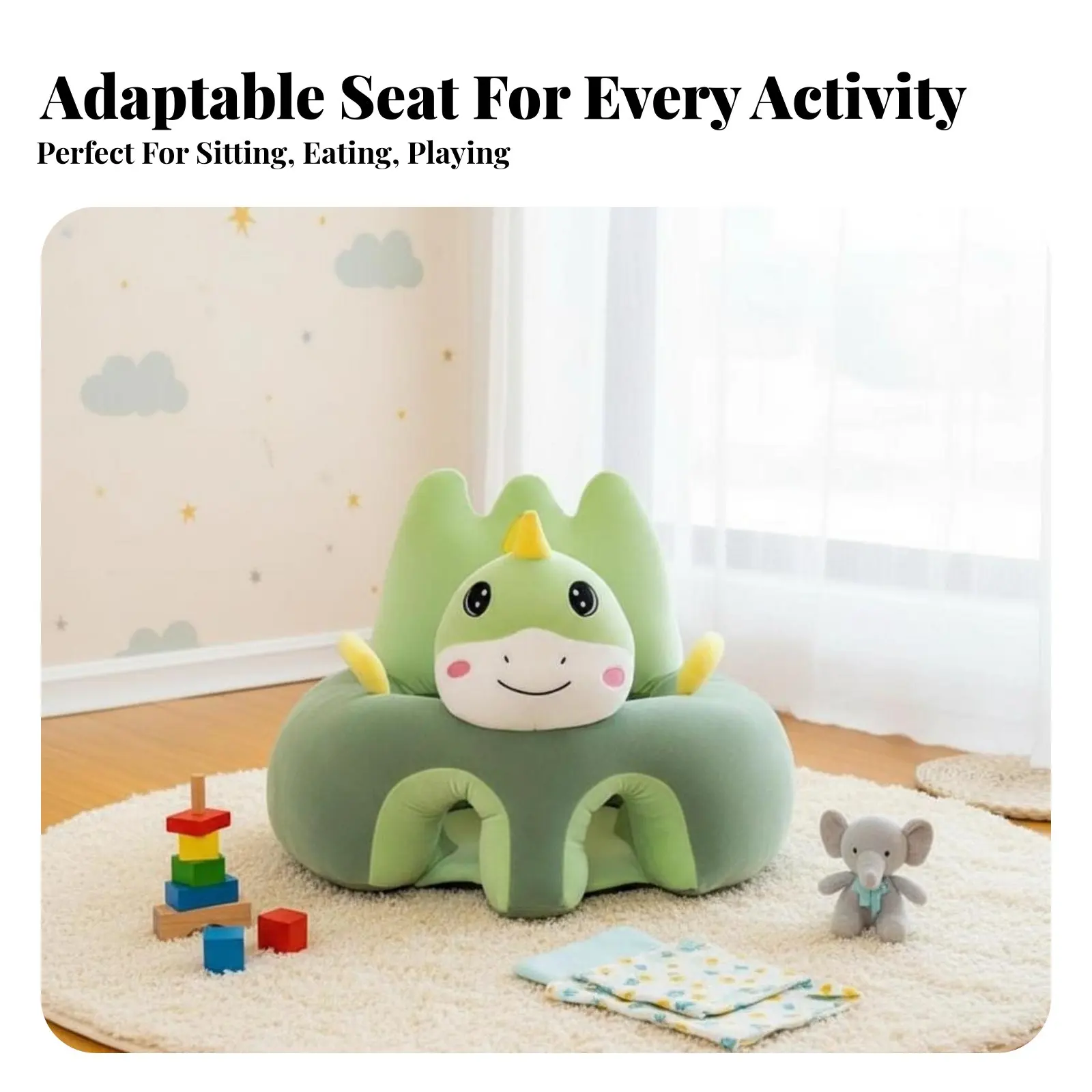 空気注入式お座り練習チェア、転倒防止設計、幼児用フロアチェア、安全ガードレール付き、お手入れ簡単、赤ちゃん、食事時、リビングルームに最適