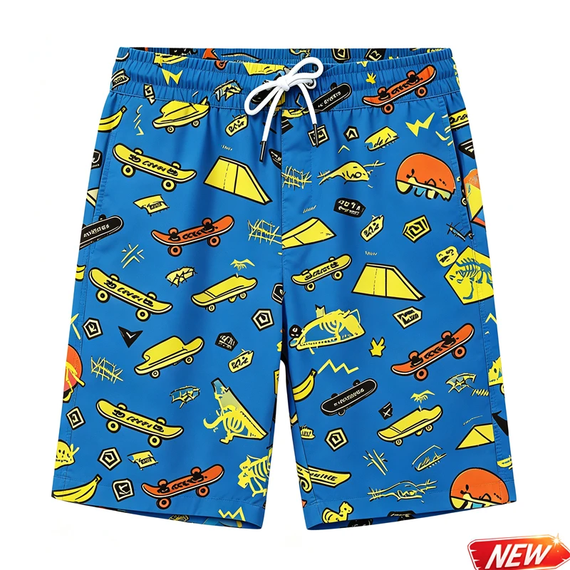Cartoon Skateboard Graphic Graffiti Men Beach Shorts Elastic Quick Dry Swim Trunks Streetwear Surf Casual Summer Board Shorts