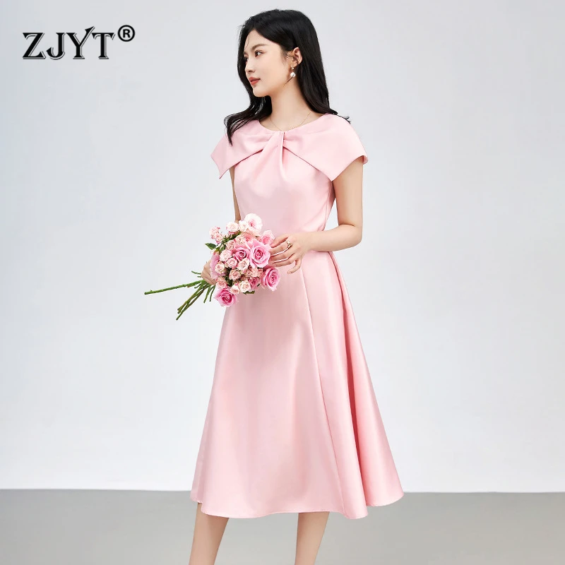 

ZJYT Designer Elegant Women's Formal Party Dresses 2024 Summer Clothes Vestidos Midi Cloak Sleeve Luxury Dress Pink Black Robes