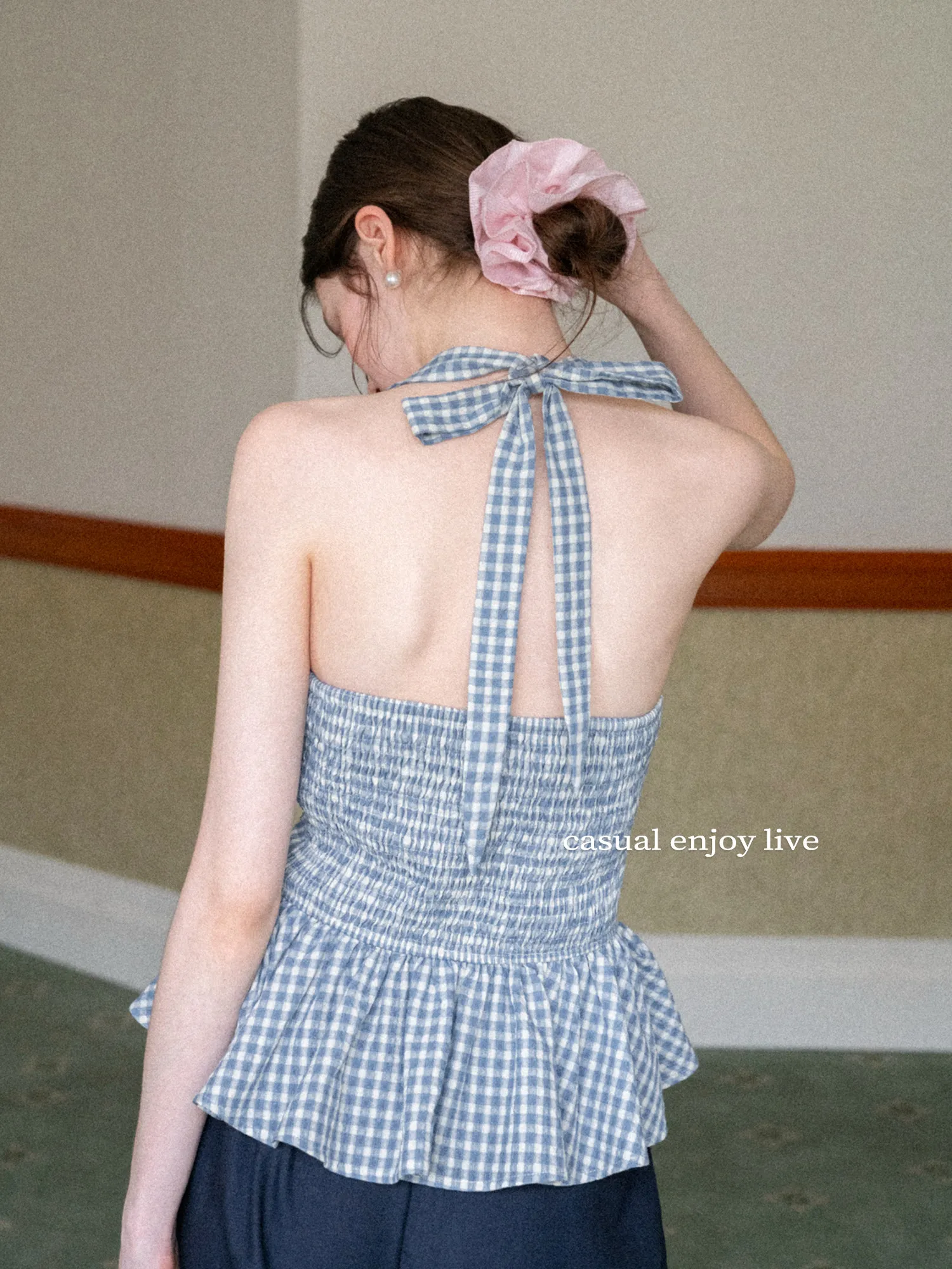 Blue and White Grid Neck Strap Ruffle Edge Vest Sling Women's Summer V-neck Slim and Thin Temperament Sleeveless Top