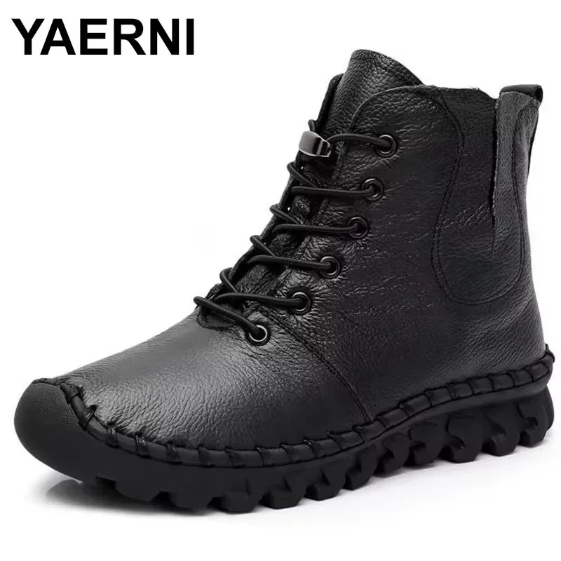 

2025 Women Fashion Vintage Genuine Leather Shoes Female Autumn Winter Platform Ankle Boots Woman Lace Up Casual Boots