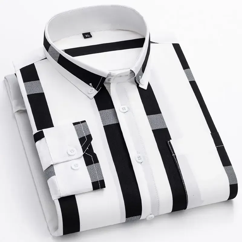 

Y2k Spring and Autumn Men's Striped Shirt Long Sleeve Business Casual Square Collar Regular Fit Anti-wrinkle Pocket Male Shirt