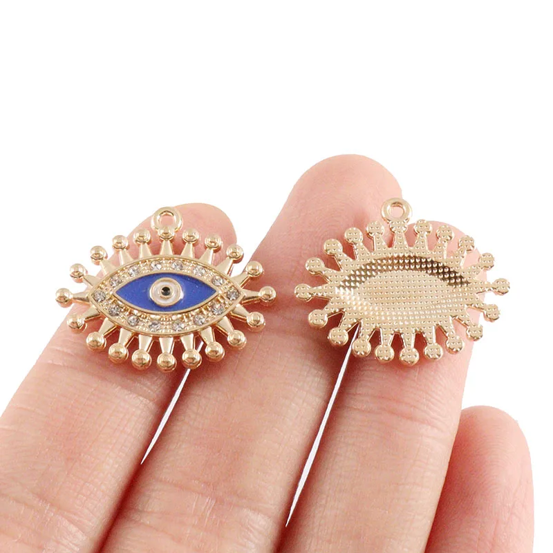 5 x Antique Gold Color Turkey Lucky Blue Evil Eye Eyelash Rhinestones Charms Pendants Necklaces DIY Making Accessories