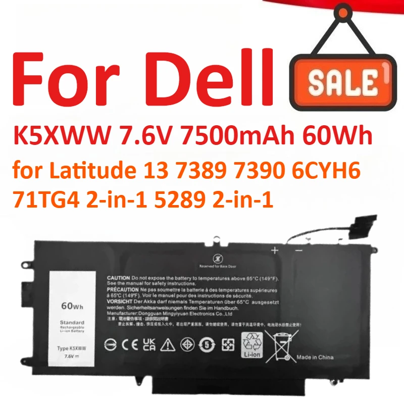 

New K5XWW 7.6V 7500mAh 60Wh Replacement Laptop Battery For Dell Latitude 13 7389 7390 6CYH6 71TG4 2-in-1 5289 2-in-1