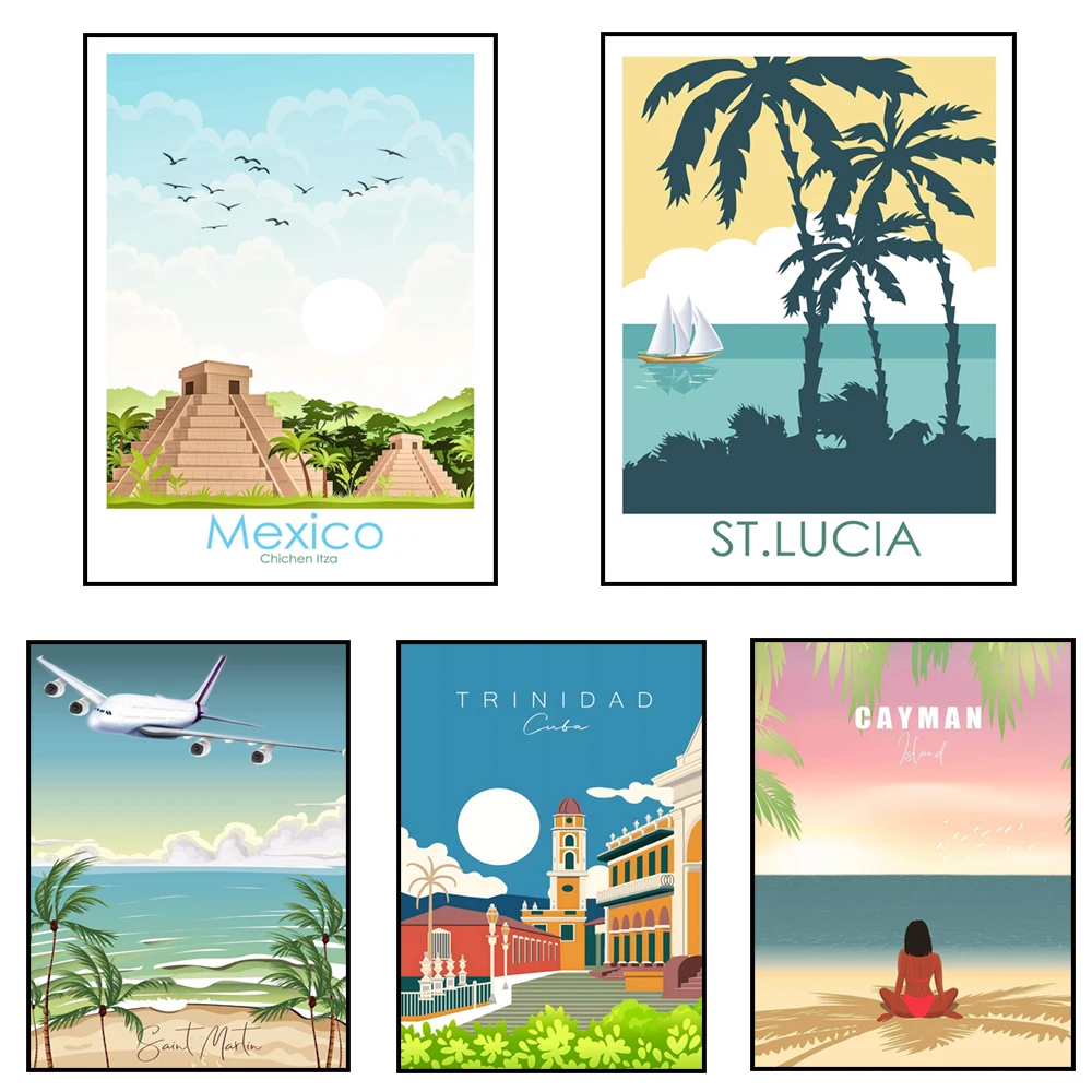 Saint Lucia Island, Cuba, Trinidad, Mexico, Cayman Islands, Grenada, Belize, El Salvador, Saint Martin Caribbean Travel Poster