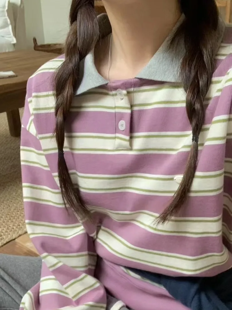 Koszulka damska w cukierkowych kolorach na wczesną jesień 2025, w paski, szykowna, z charakterystycznym kołnierzykiem, luźna, w stylu koreańskim, inna od...