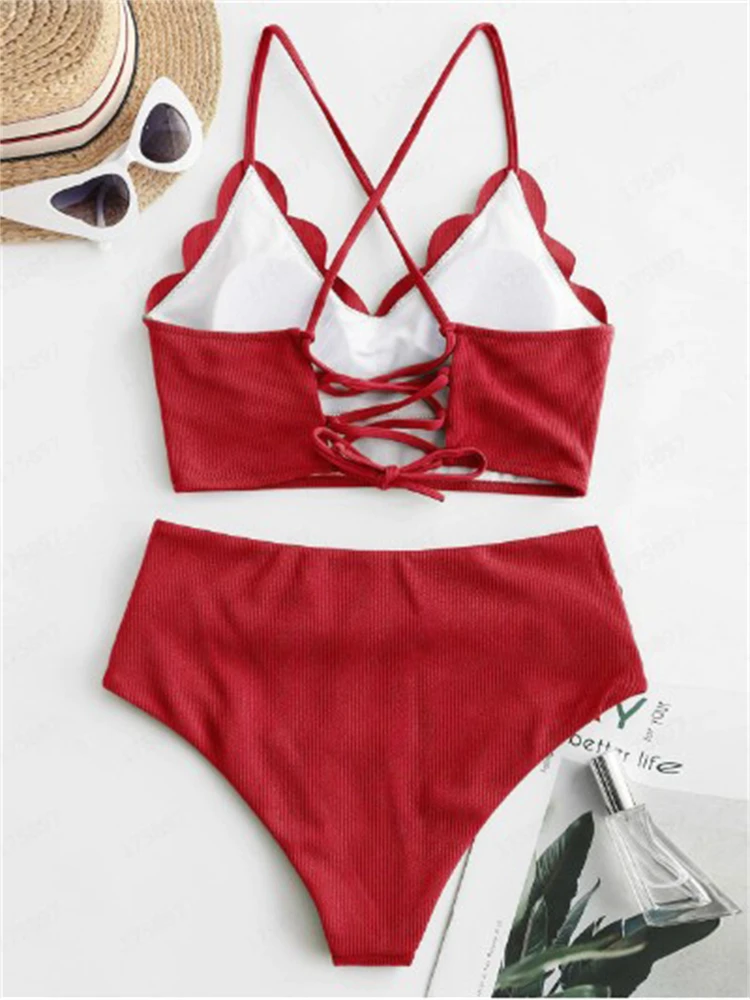 Conjunto de Bikini acanalado para mujer, traje de baño de dos piezas con tirantes, cintura alta, color liso, 2024