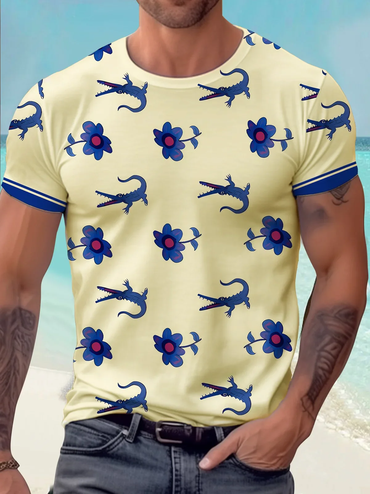 Mens Fashion 3d White Lotus and Crocodile Print Short Sleeve T-Shirt Mens Urban Streetwear Round Neck Casual Short Sleeve