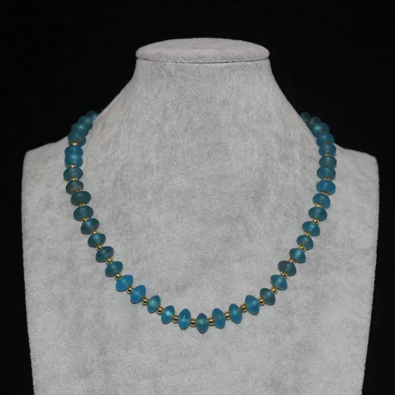 Antique Beads, Old Blue Clavicle Chain Necklace, Glass Flying Saucer