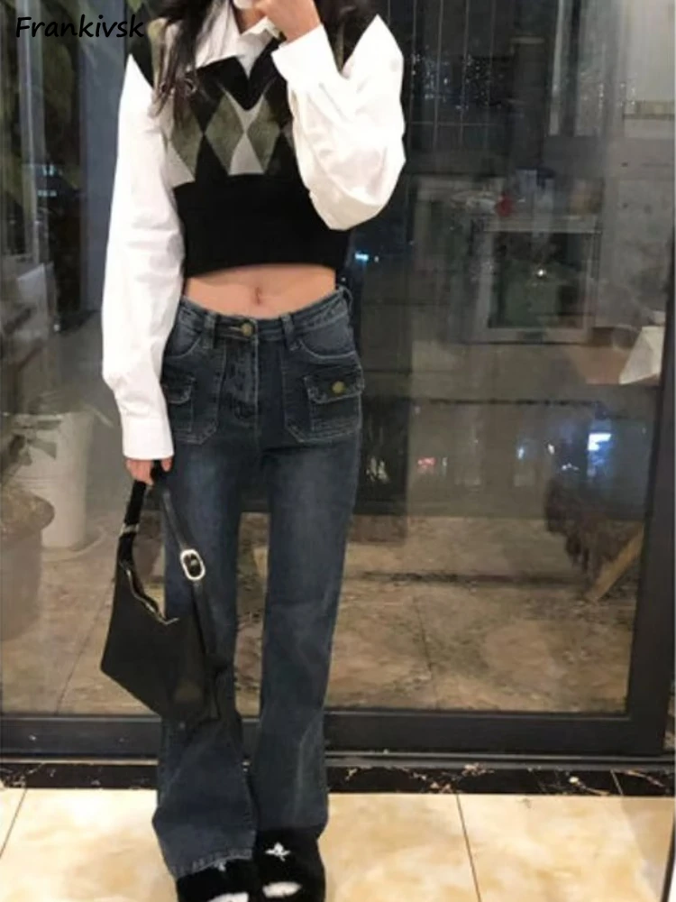 Autumn Jeans Women High Street Korean Style Retro All-match Personality Denim Trousers Aesthetic Hotsweet Pockets  Full Length