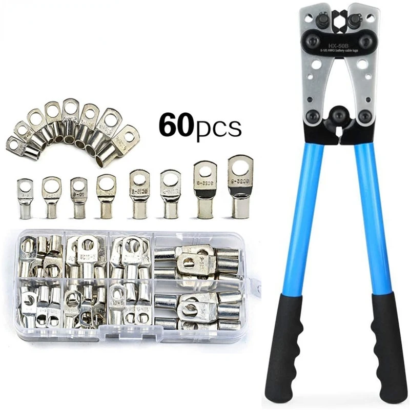 HX-50B Cable Lug Crimping Tool for Heavy Duty Wire Lugs,Battery Terminal,Copper Lugs AWG 8-1/0 with 60pcs Copper Ring Terminals