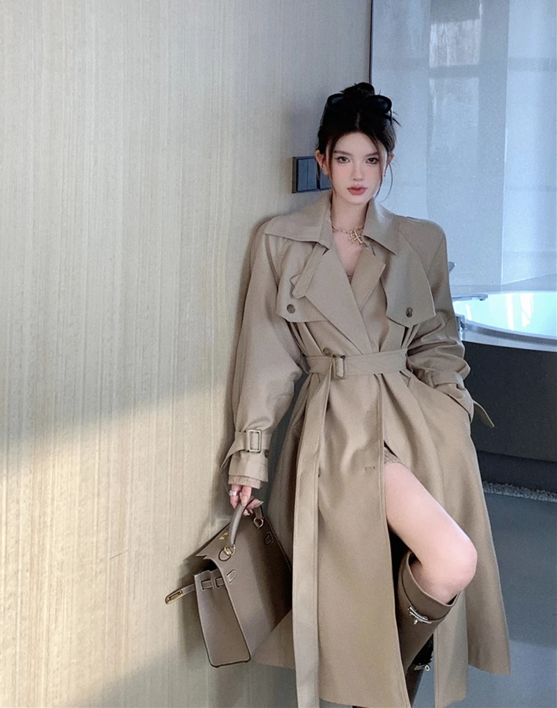 

Spring Autumn New Women's High-end Khaki Trench Coat Ladies Cloak Wear A Belt Satin Fabric Lined Trench Coat Female Windbreakers