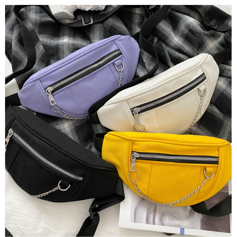 New Women Chain Waist Bag Ladies New Designer Canvas Fanny Pack Fashion Travel Money Phone Chest Banana Bag Female Bum Belt Bags