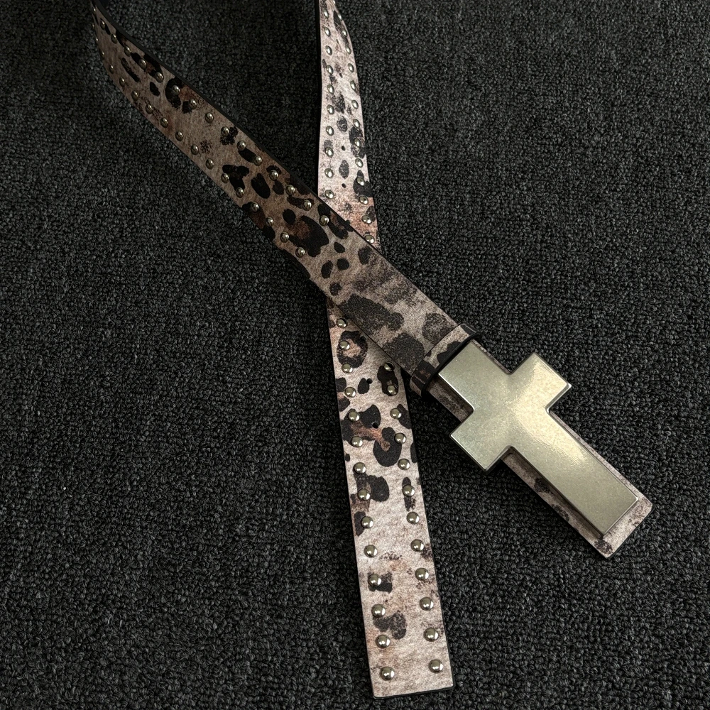 New Rivet Leopard Print Cross Belt Goth Punk Subculture Y2K Personality Men Belt Jeans Party Performance Trendy Cool Accessories
