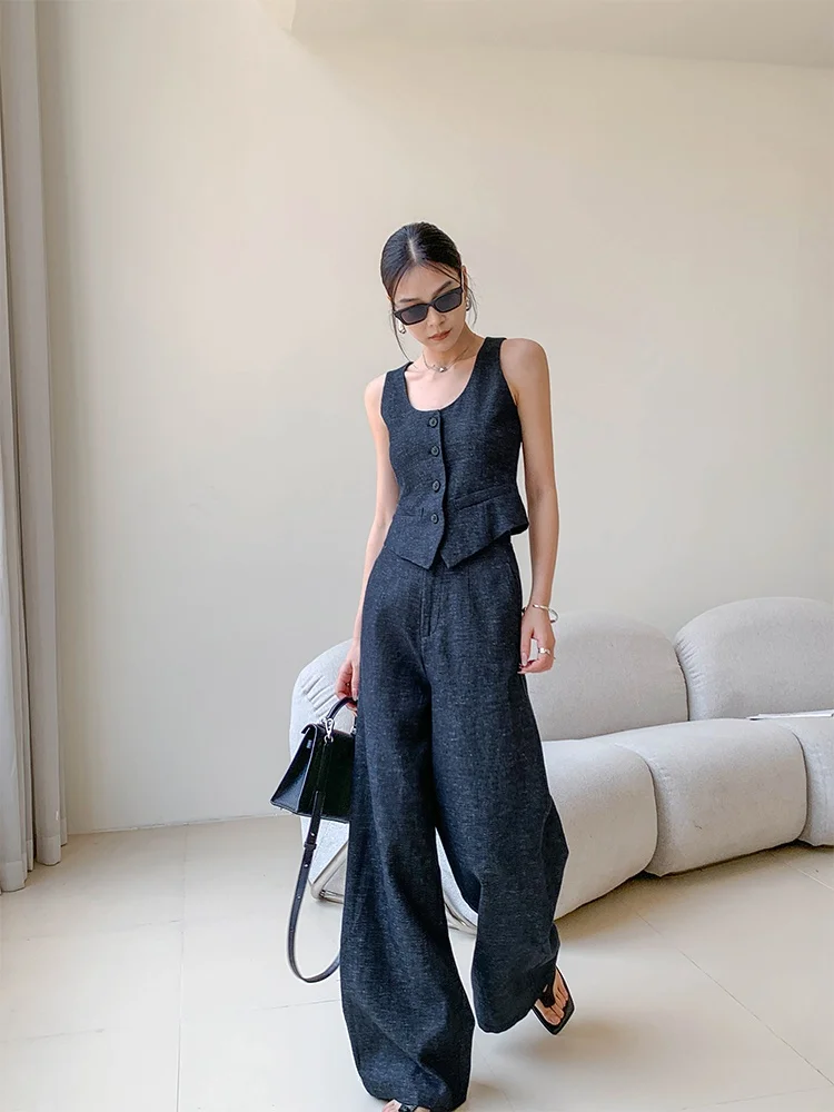 

JWUNIQUE Retro Summer Women's Set Vest Sleeveless Suit Casual Pants Long Cotton Blend Fashion Ensemble for Ladies