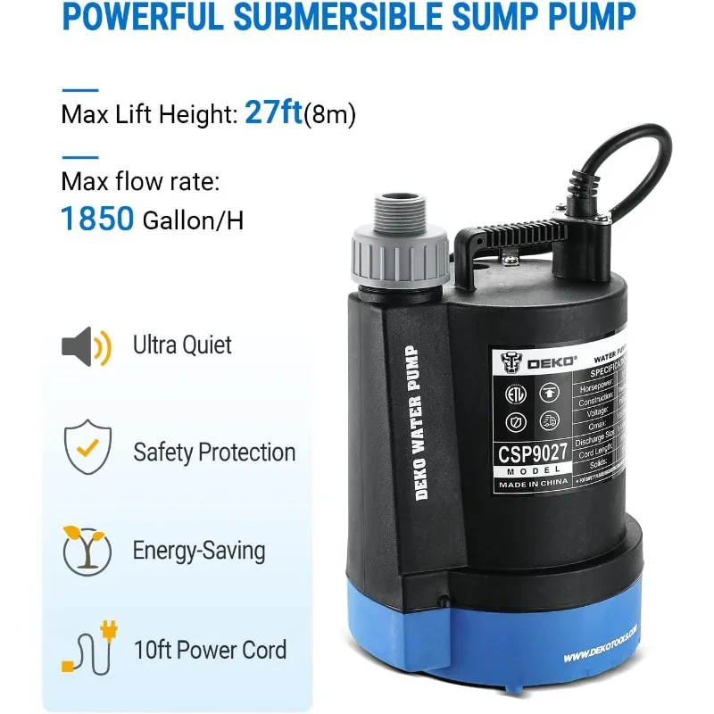 1/4 HP 1850 GPH Thermoplastic Utility Pump Electric Portable Transfer Water Pumps