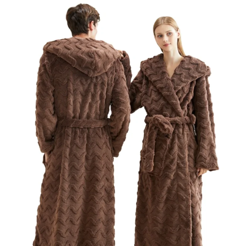 Couple Bathrobe Cross-border Hooded Jacquard Coral Fleece Nightgown Winter Thickened Double-sided Fleece Long Winter Nightgown