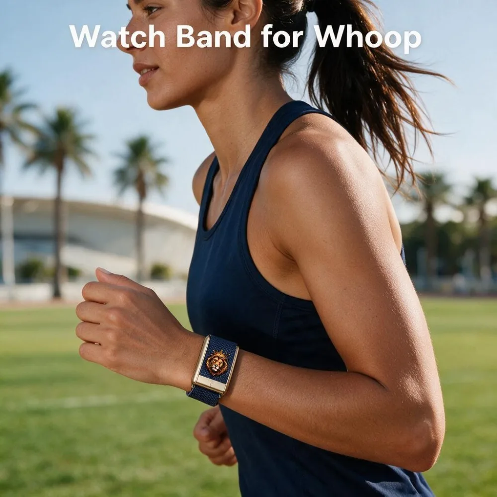 For WHOOP 5.0 MG Lion Head Pattern Nylon Woven Elastic Sport Wristband Metal Frame Replacement Strap