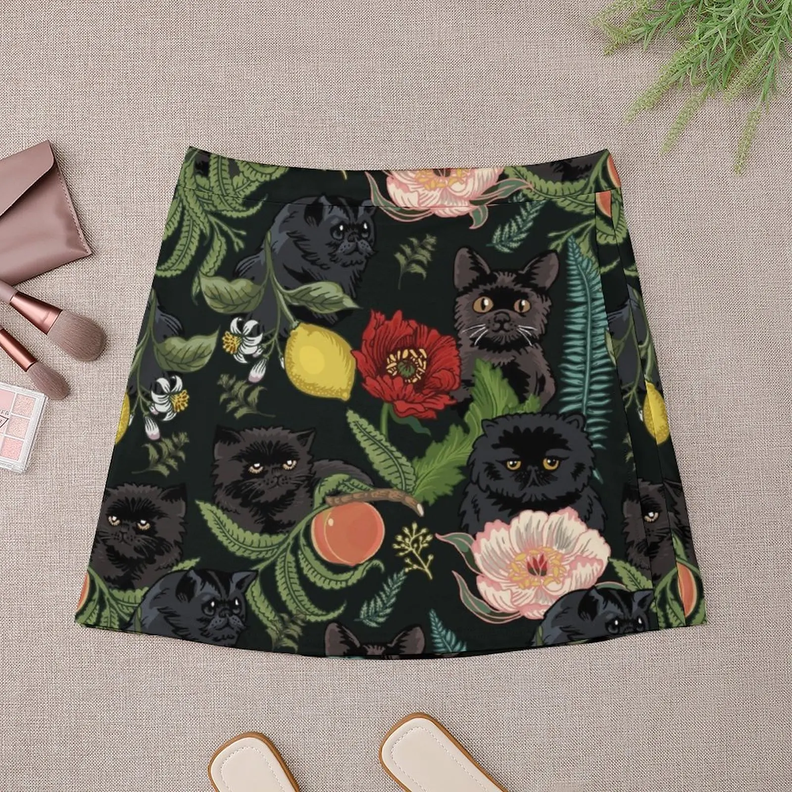 Botanical and Black Cats Mini Skirt womans clothing kawaii skirt