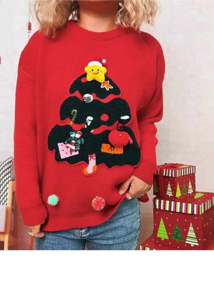 

Winter Clothes Woman Pulls Femmes Christmas Sweater Contrast Color Casual Pullover Loose Knitted Top Round Neck All-match Trendy