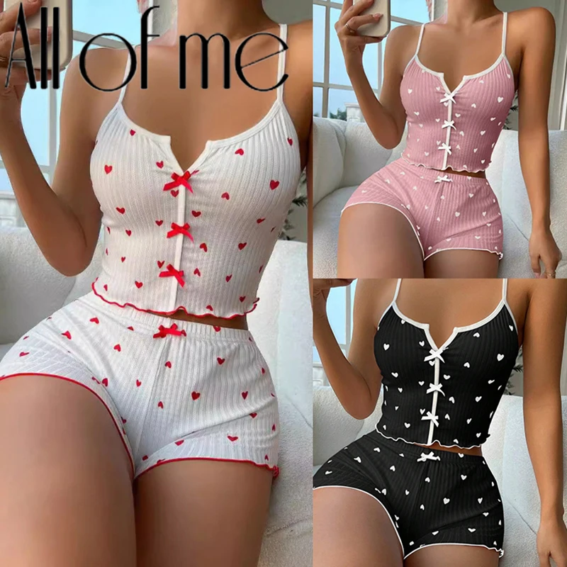 1 Set Sleepwear Women Pajamas Set Heart Print Soft Ribbed Fabric with Flirty Frill Trim Casual Cami Top and Short Set Loungewear image 2