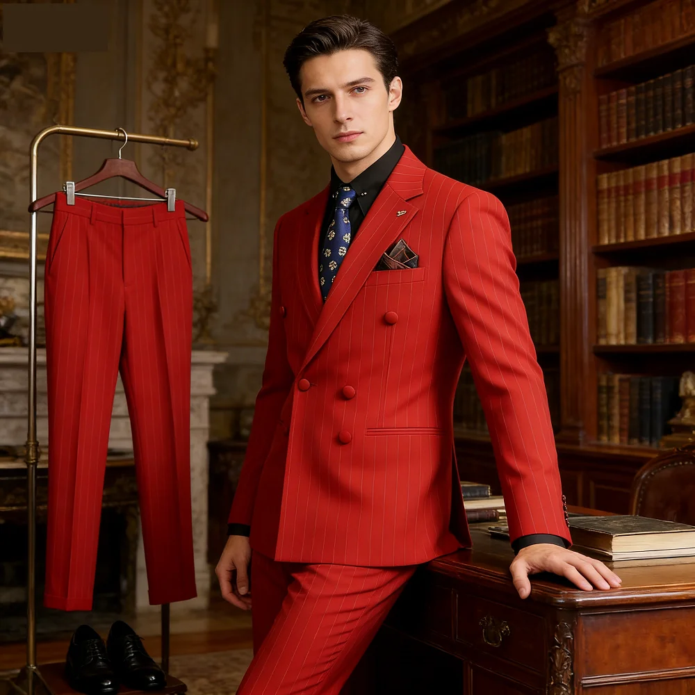 

Мужской премиальный двубортный полосатый костюм-тройка: деловой наряд для жениха, шафера, свадьбы