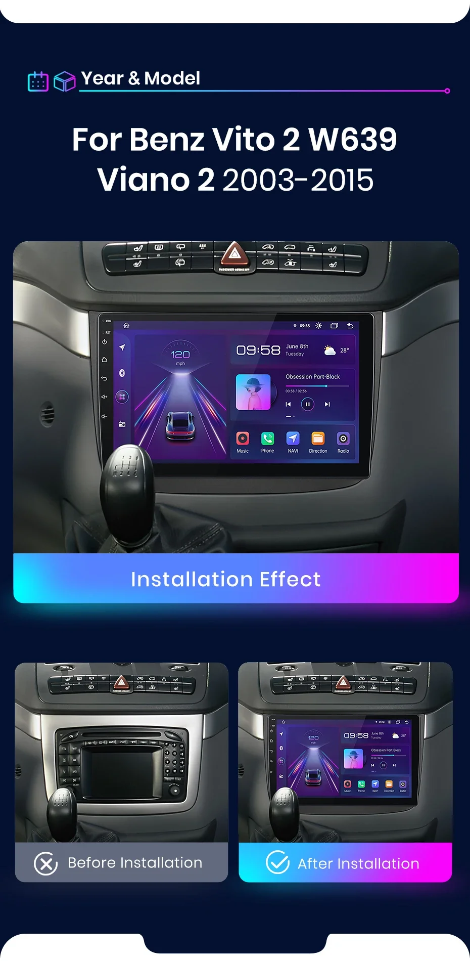 Junsun AI 4G LTE Wireless CarPlay Android Auto Autoradio für Mercedes Benz Vito W639 Viano 2003-2015 Intelligente Systeme Stereoanlage – Detail 6