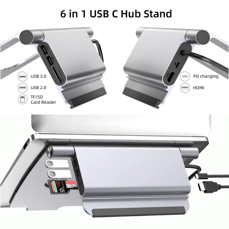 Laptop Stand with USB C Hub 6in1 Docking Station HDMI-Compatible 4K 30Hz 100W Power Delivery USB3.0 Accessories for Macbook