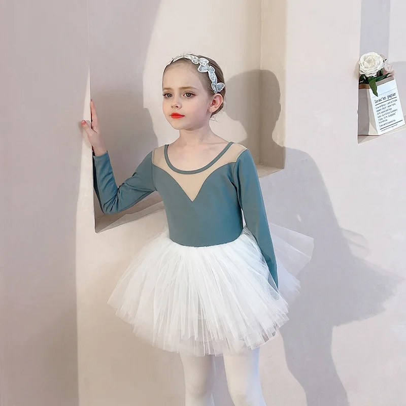 Children's Dance Costume Long Sleeve Autumn Winter Girl Practice Costume Set White Skirt