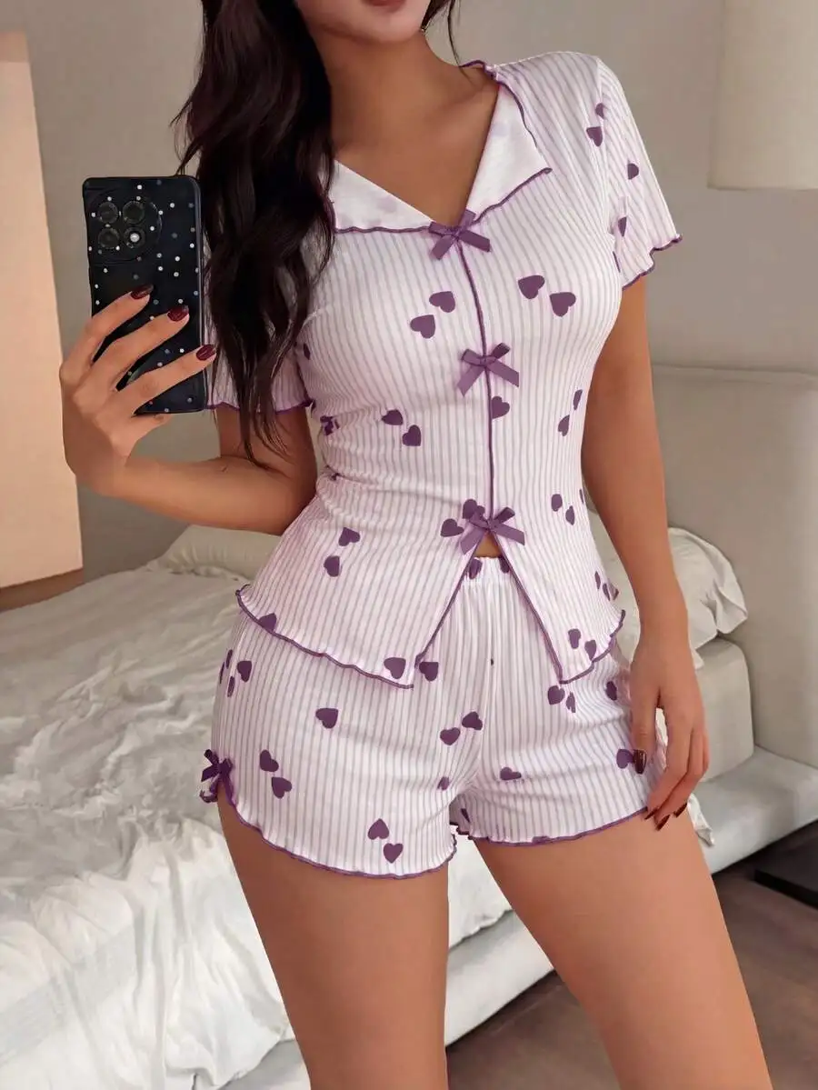

Womens Striped Heart Print V-Neck Ruffle Pajama Set Short Sleeve Top And Shorts