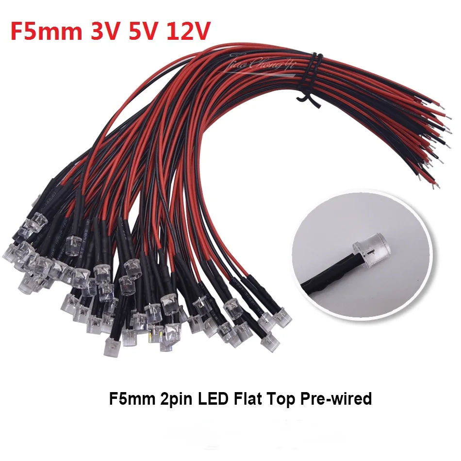 10 X DC 3V 5V 12V flat top LED Diodes 20cm Pre Wired 5mm LED Light Lamp Bulb Prewired Emitting Diodes For DIY Home Decoration